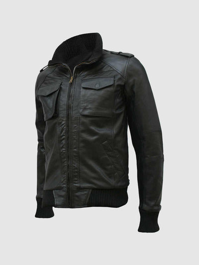 Men's Black Leather Bomber Jacket