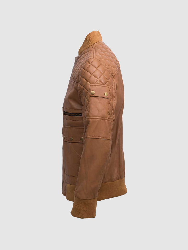 Quilted Tan Leather Bomber Jacket