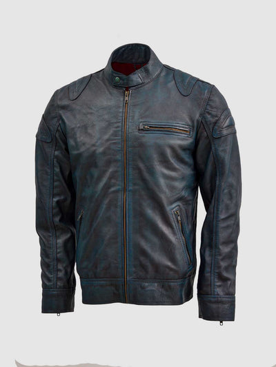 Waxed Men's Dark Blue Leather Jacket