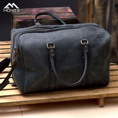 MONT5 Chitral Charcoal Grey Vintage Travel Leather Carry On Bag - Leather Jacket Shop
