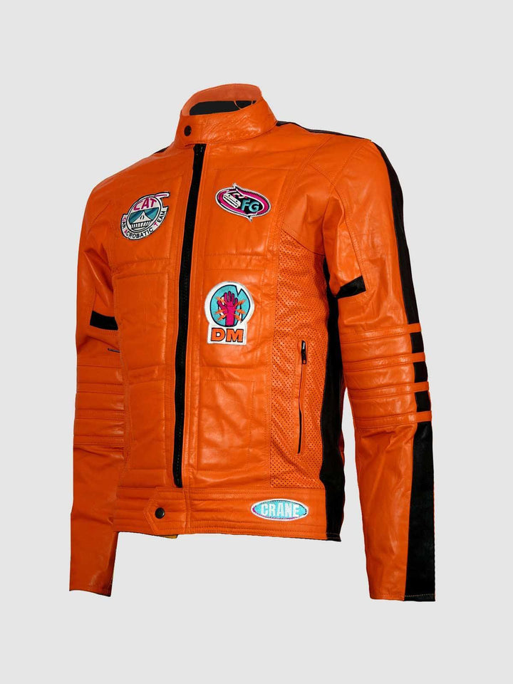 Orange Leather Motorcycle Jacket front view