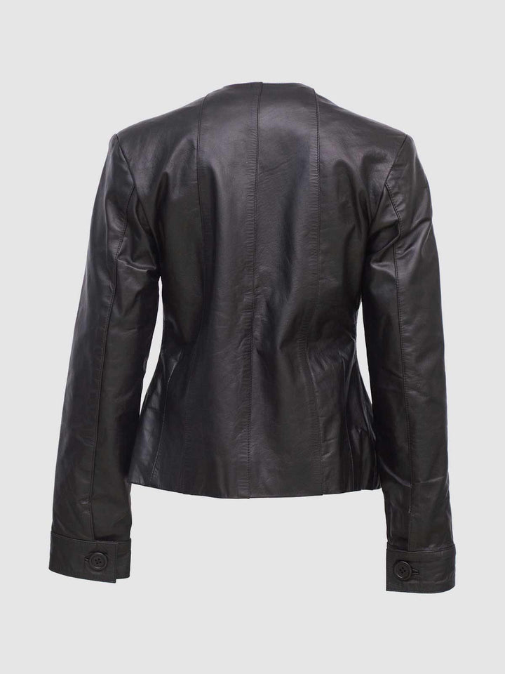 Collarless Black Leather Jacket