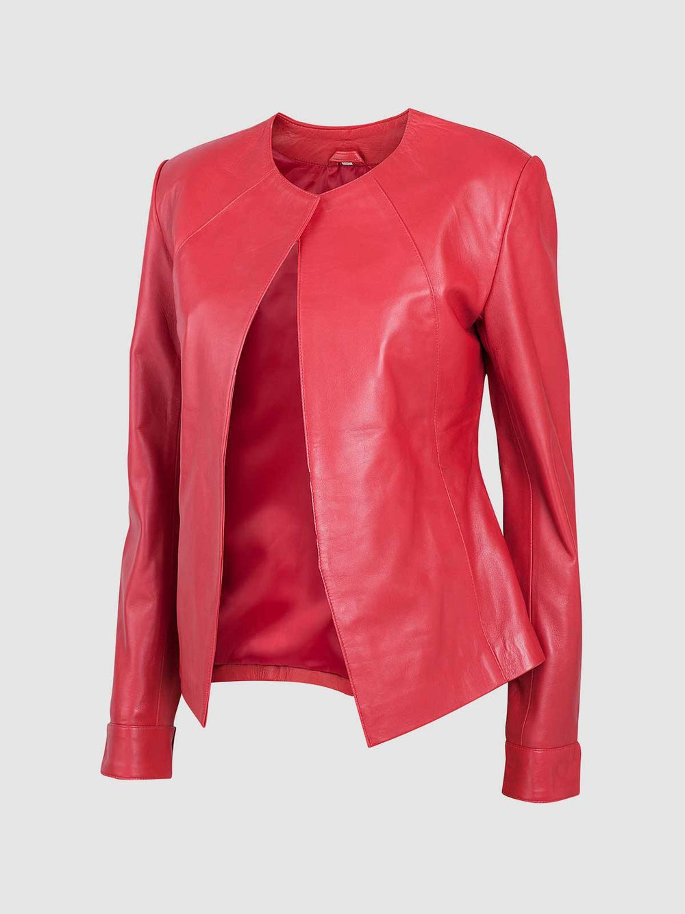 Women's Collarless Red Leather Jacket