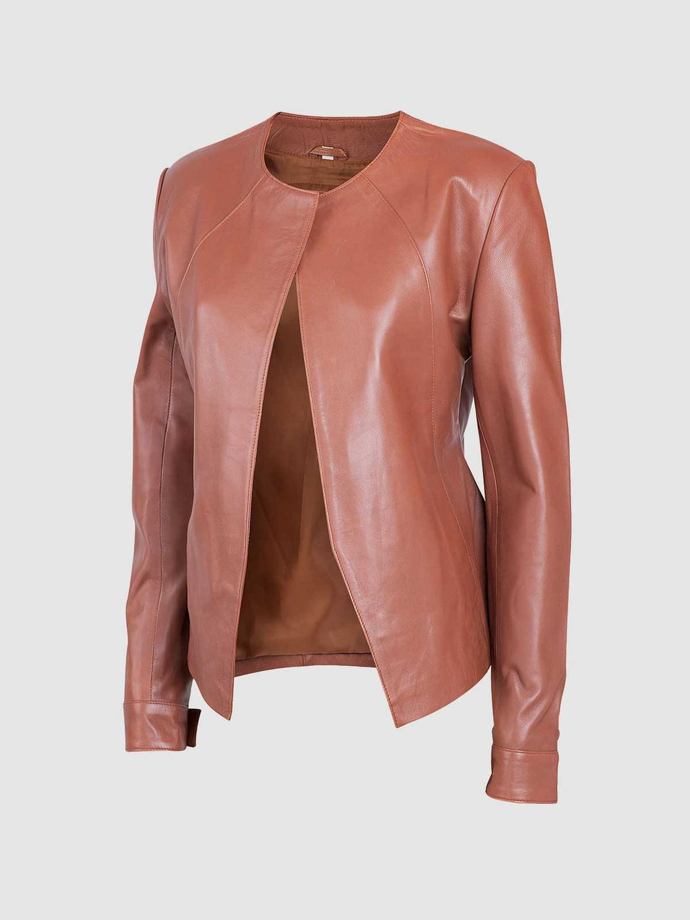 Women's Collarless Tan Leather Jacket