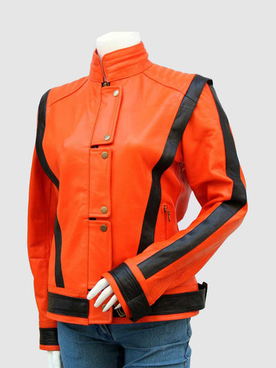 Women Orange Leather Biker Jacket