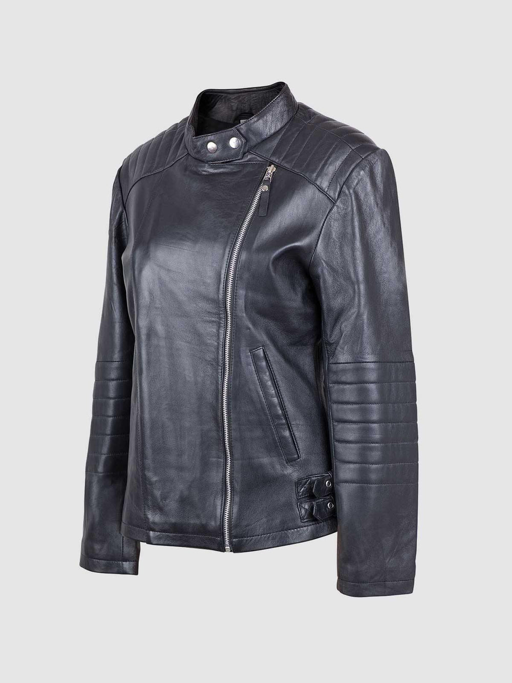 Buy Ladies Sheep Leather Quilted Motorcycle Jacket. Comes with amazing features like YKK Zip Closure, Sheep Leather, Side Pockets, Button Closure Tab Collar Zipper Sleeves.