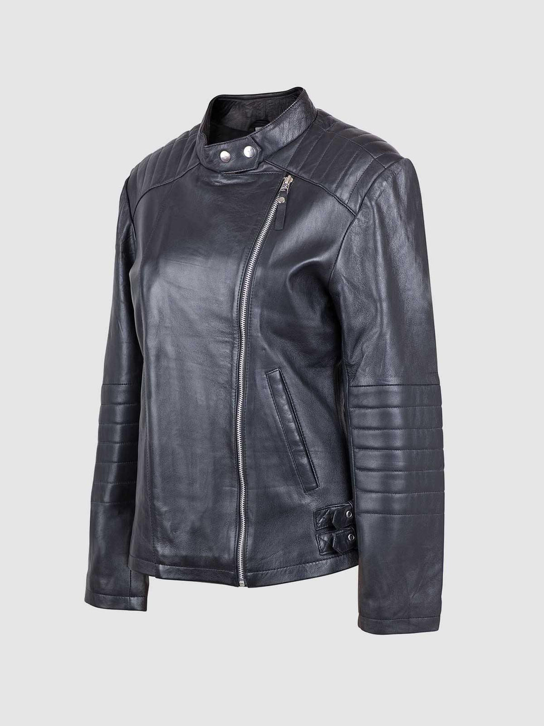 Buy Ladies Sheep Leather Quilted Motorcycle Jacket. Comes with amazing features like YKK Zip Closure, Sheep Leather, Side Pockets, Button Closure Tab Collar Zipper Sleeves.