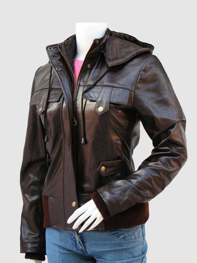 Women’s Brown Leather Jacket With Hoodie