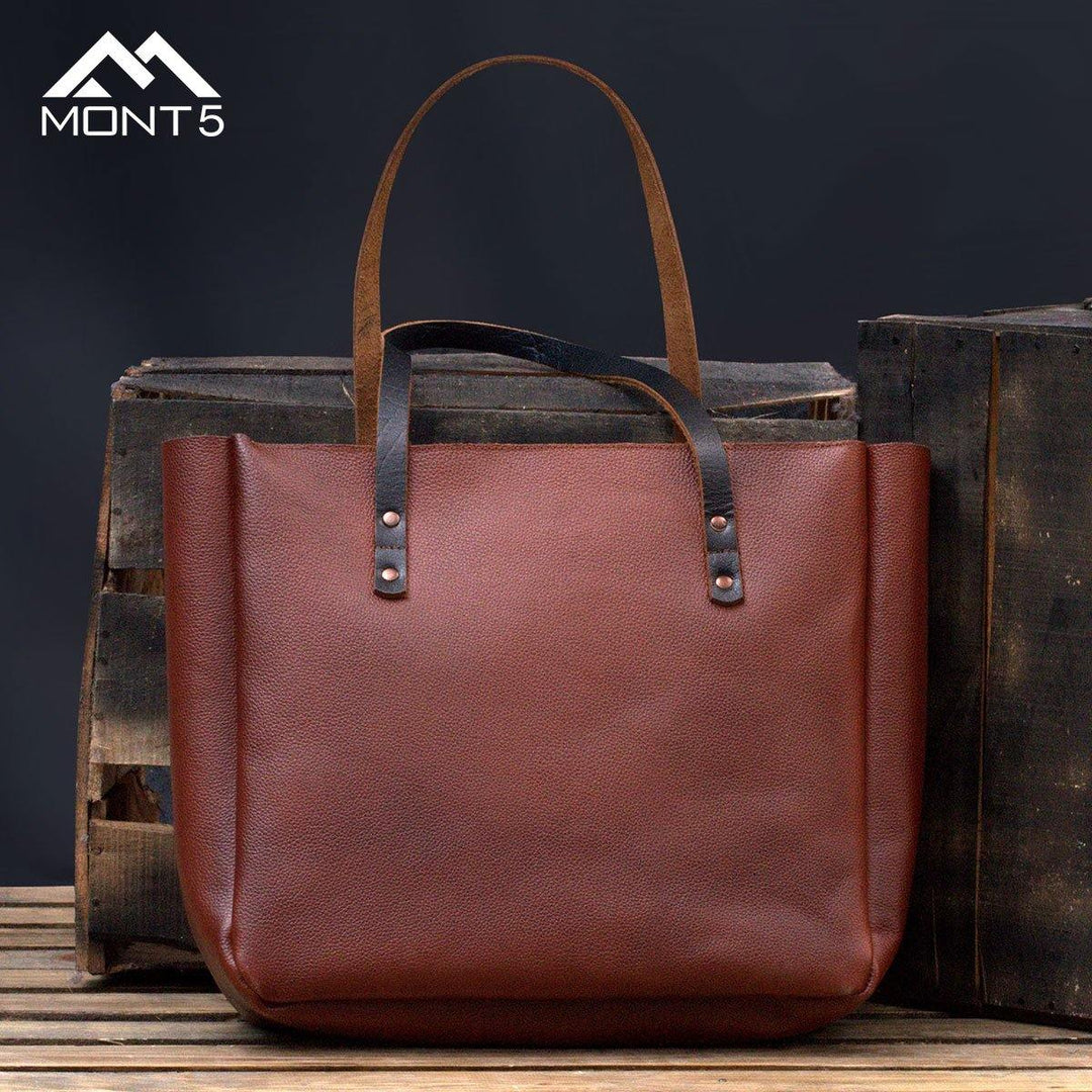 MONT5 Kel Lightweight Carryall Zipper Brown Leather Tote - Leather Jacket Shop